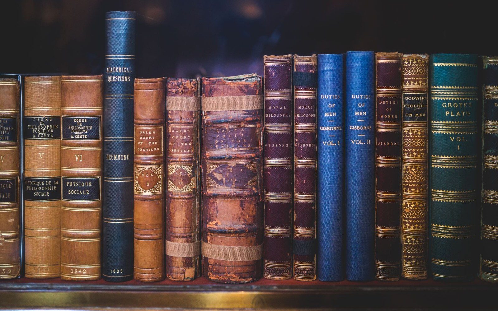 Row of antique leather and cloth-bound philosophy books with gilt titles on a shelf