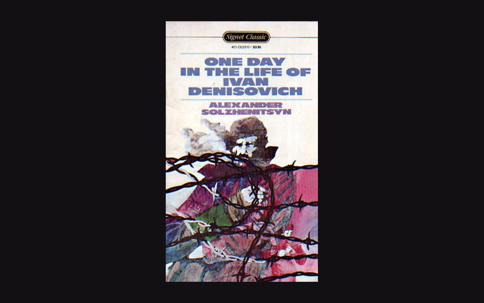 Paperback cover of "One Day in the Life of Ivan Denisovich" showing a figure behind barbed wire